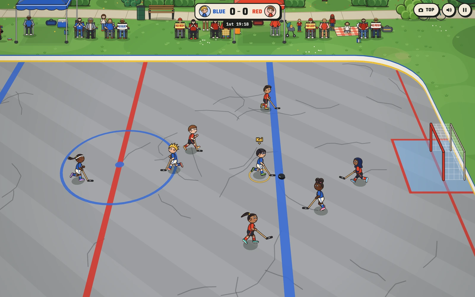 Hockey Kids, side camera: Kai chases the loose puck as Maya, Noor, Priya and Leo converge on the blacktop