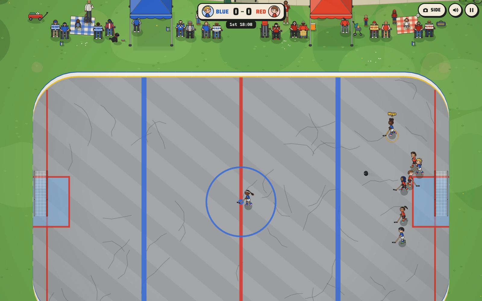 Hockey Kids from the overhead camera: five kids crowd Red's crease with the puck loose