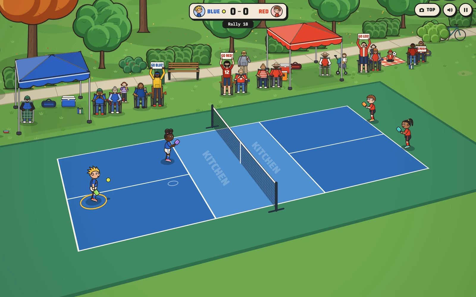 Pickle Kids mid-rally: Ziggy returns from the baseline with Maya at the kitchen line and Leo and Priya across the net