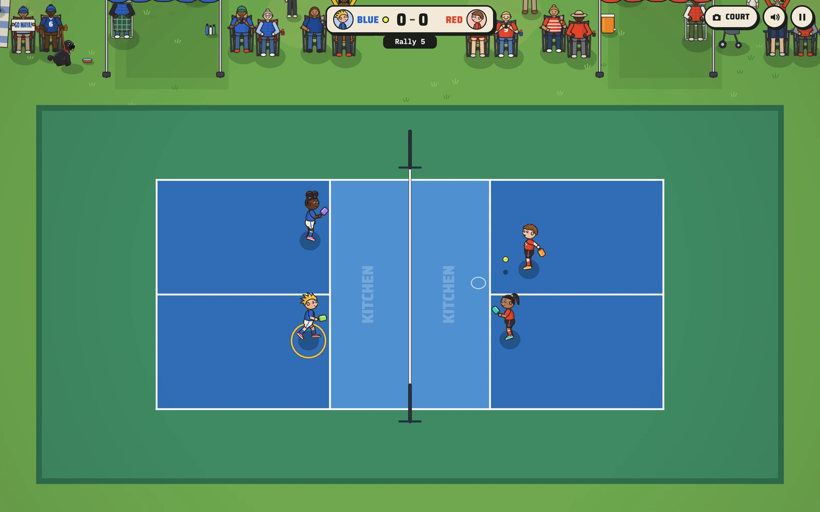 Pickle Kids from the overhead camera: a doubles rally with KITCHEN stenciled each side of the net