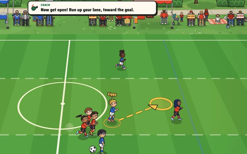 Soccer Kids Learn mode: the coach card and a ring show Ziggy where to run