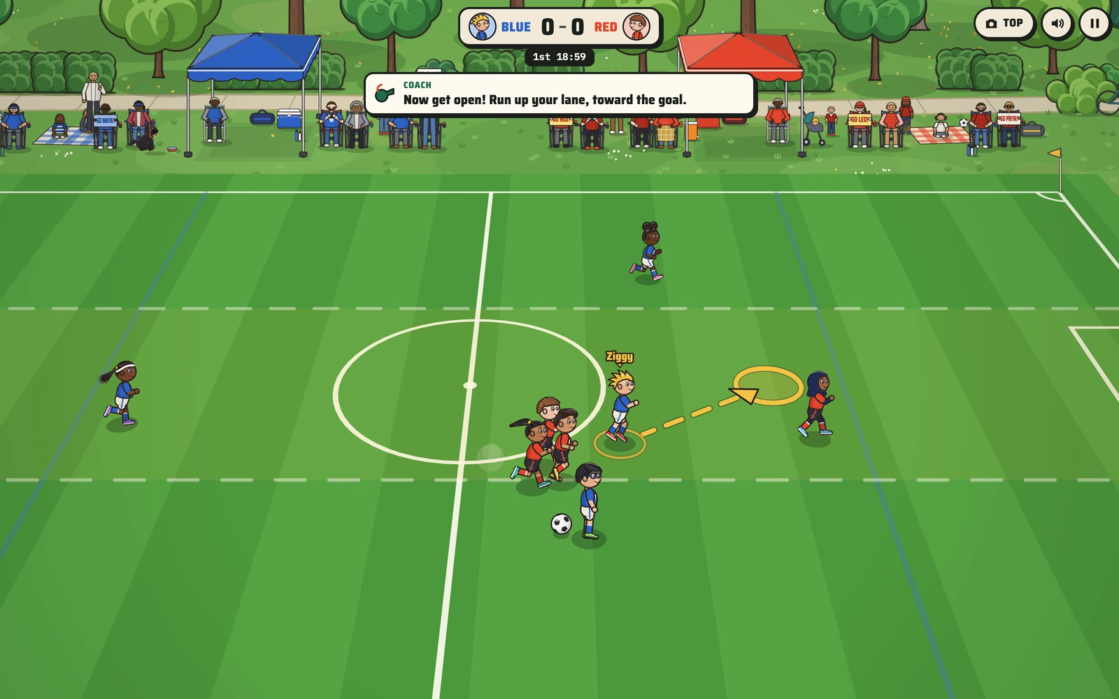 Soccer Kids Learn mode, the get-open lesson: a coach card, a guide arrow and a ring show Ziggy where to run while Kai carries the ball