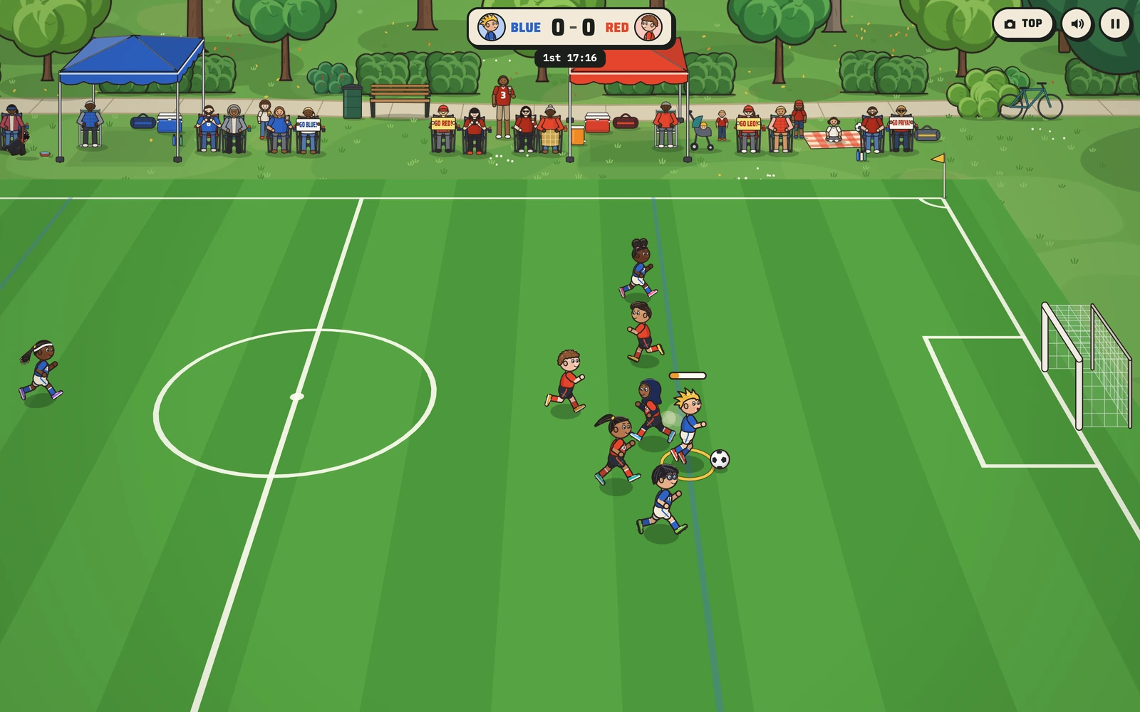 Soccer Kids, side camera: Ziggy winds up a shot at the edge of Red's box as Noor, Priya and Leo close in