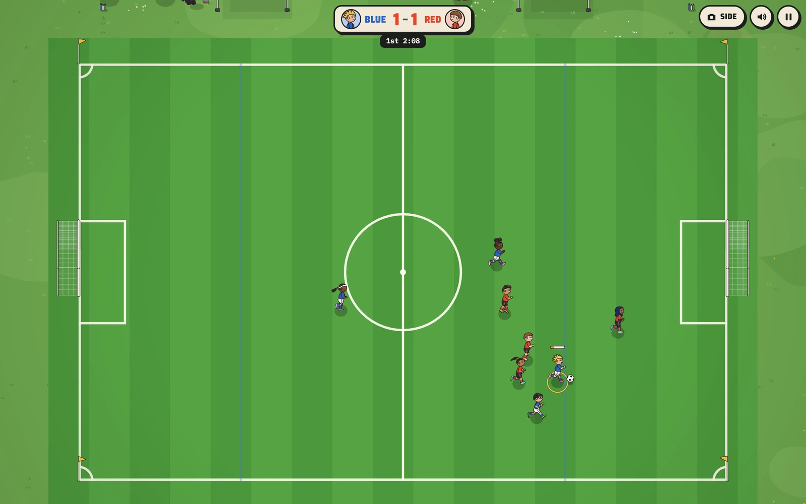 Soccer Kids from the overhead camera, the whole field the way a coach sees it, with Blue and Red four on four