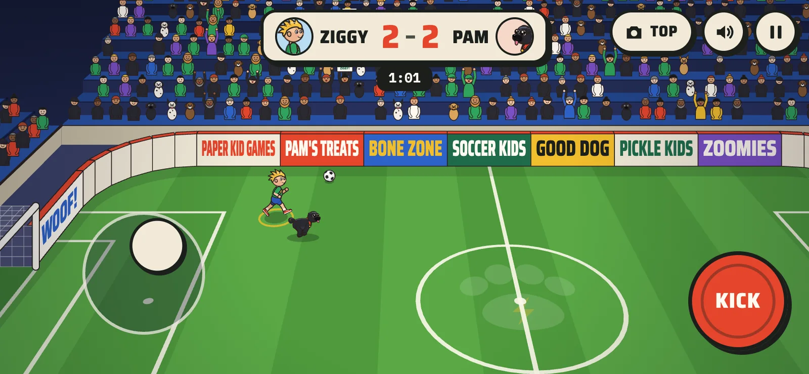 The Sports Arena on a phone held sideways: Ziggy and Pam chase a bouncing ball near the goal, tied 2-2 with 1:01 left, with the thumb stick and the Kick button on screen