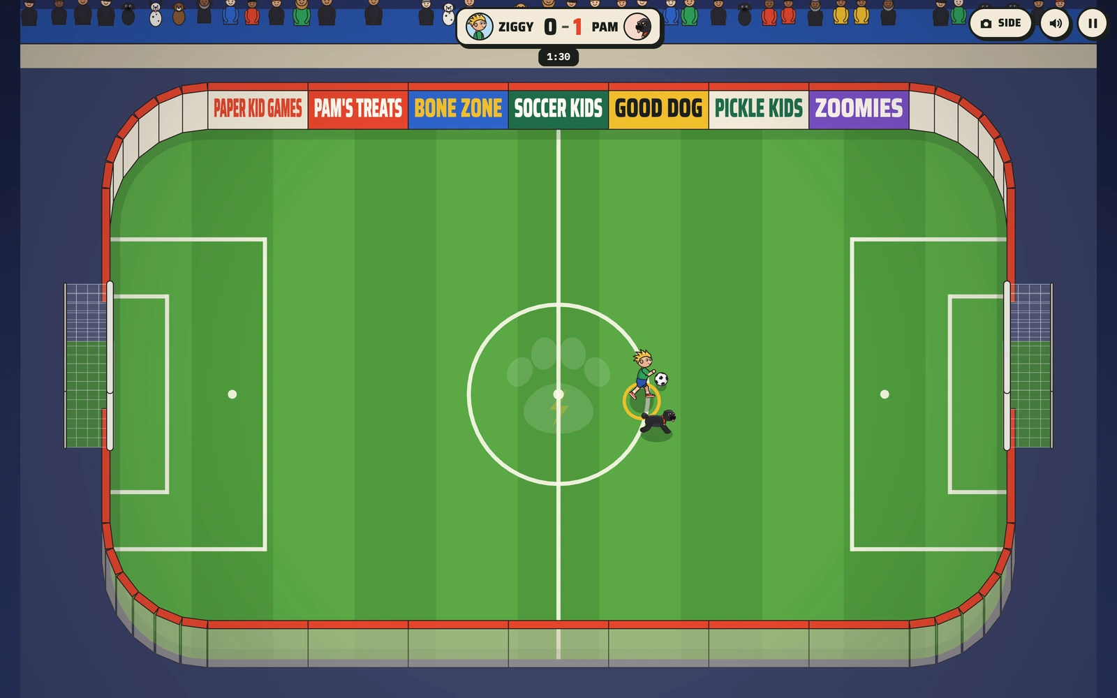 The Sports Arena from the overhead camera: Ziggy carries the ball out of the center circle with Pam chasing