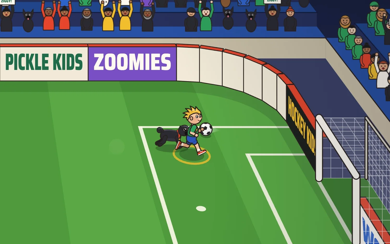 Ziggy and Pam the pug racing along the boards for the ball in the Sports Arena